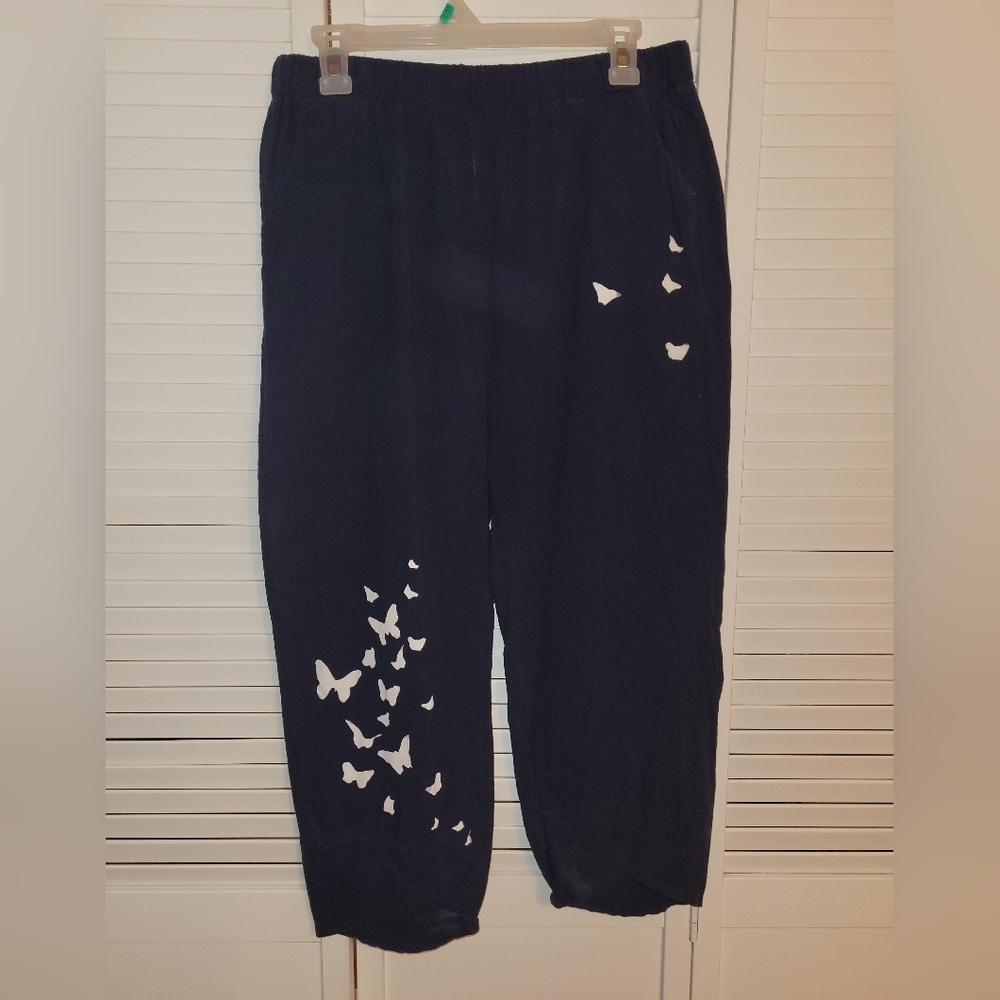 Navy Cargos with White Butterfly Design